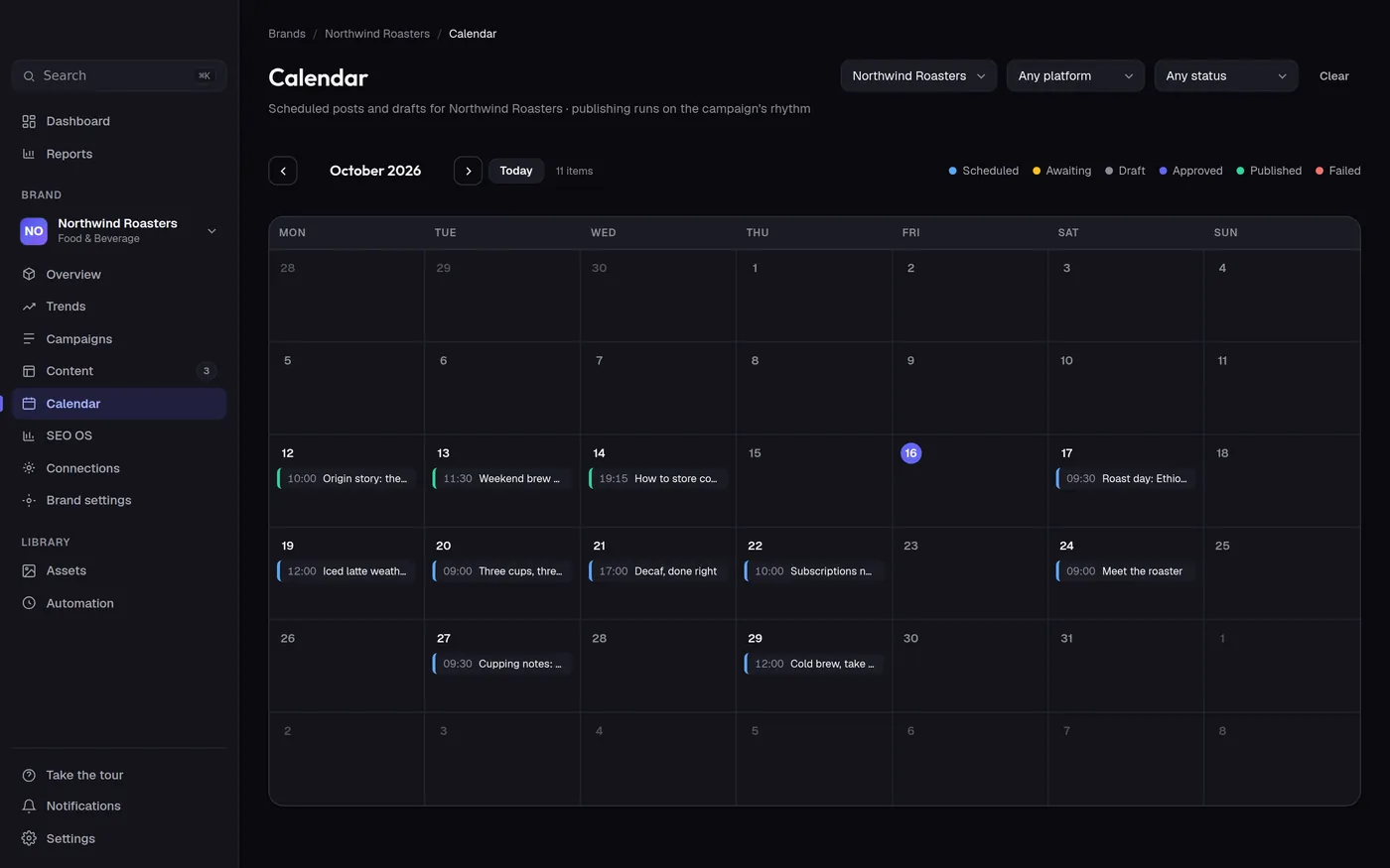 The calendar for October with scheduled and published posts for the sample brand