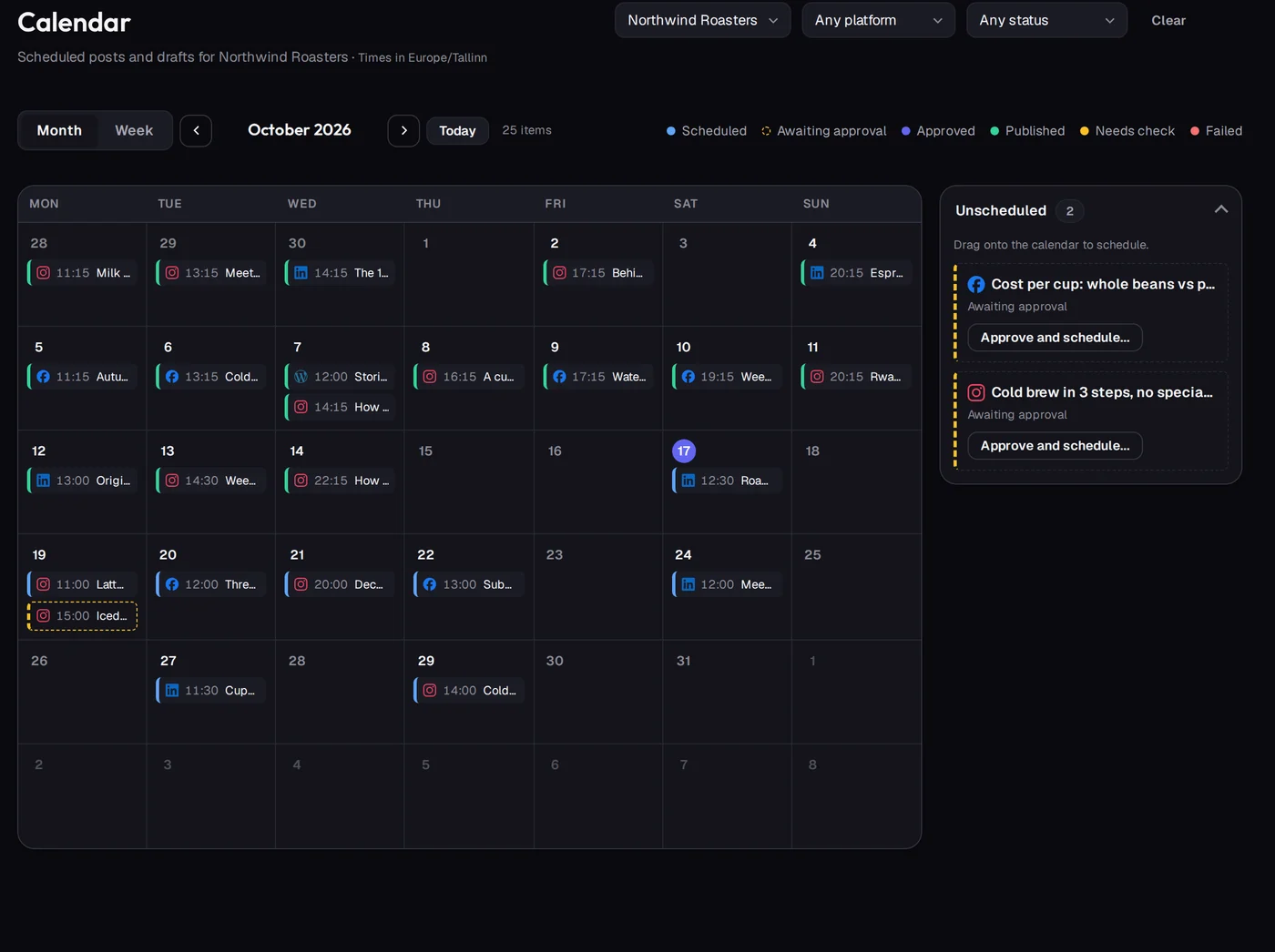 The content calendar for October with social posts and a WordPress article, plus two drafts awaiting approval
