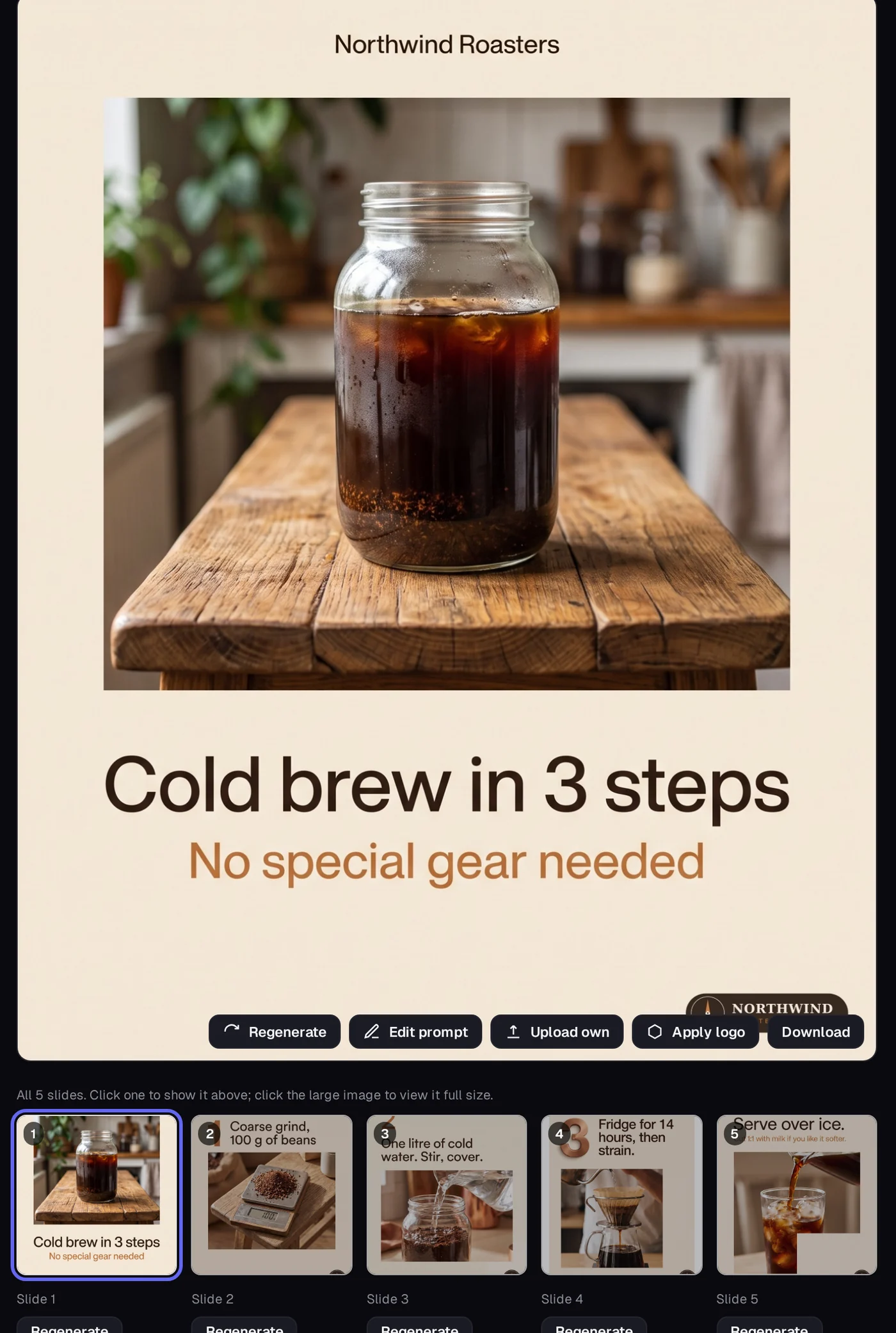 A five-slide Instagram carousel for a coffee roaster with the first slide large and the rest as thumbnails