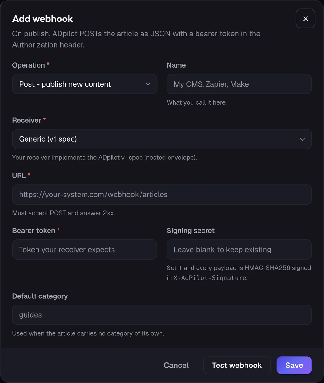 The Connect Blog webhook window in ADpilot with the steps and the fields it asks for