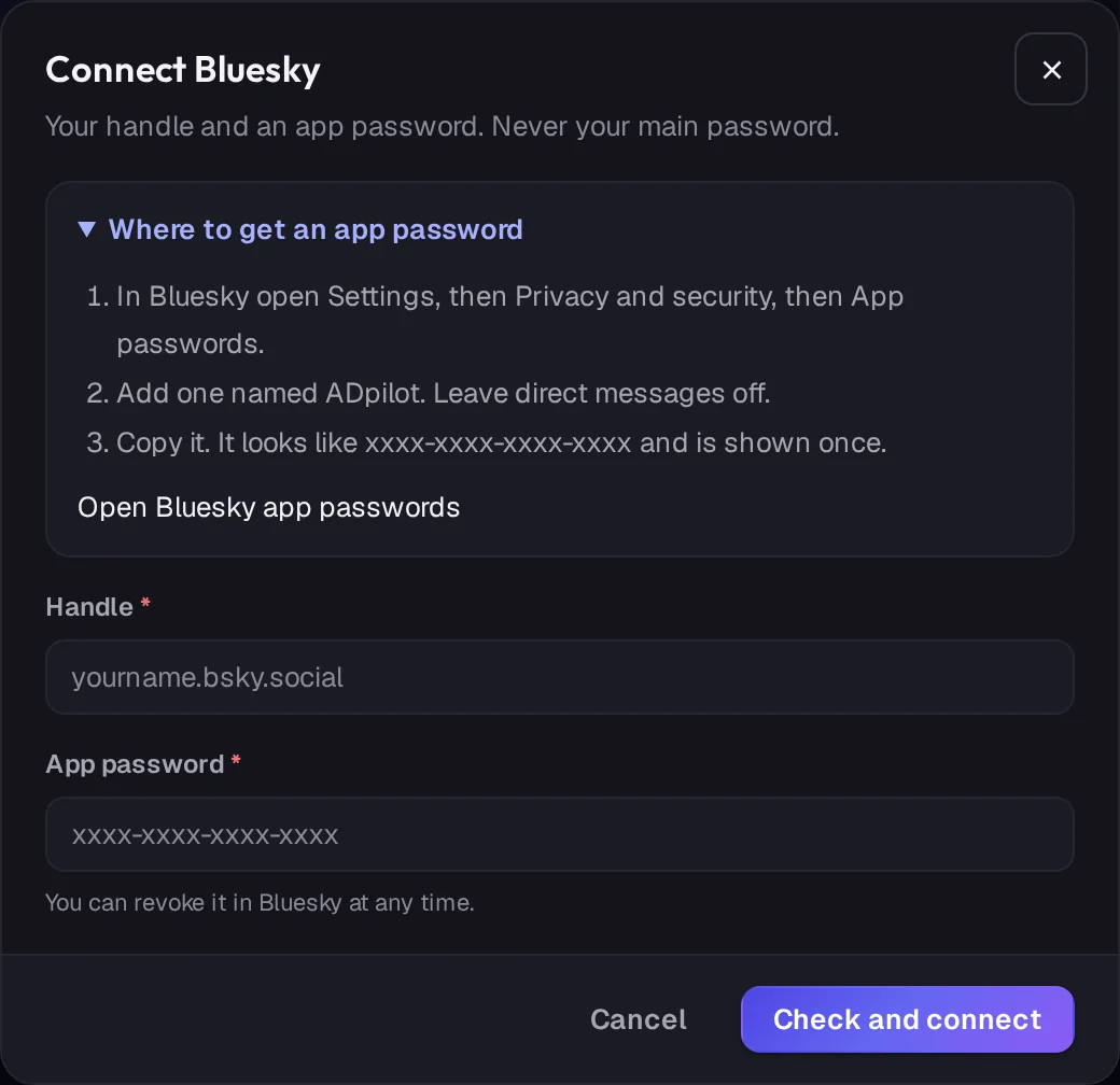The Connect Bluesky window in ADpilot with the steps and the fields it asks for