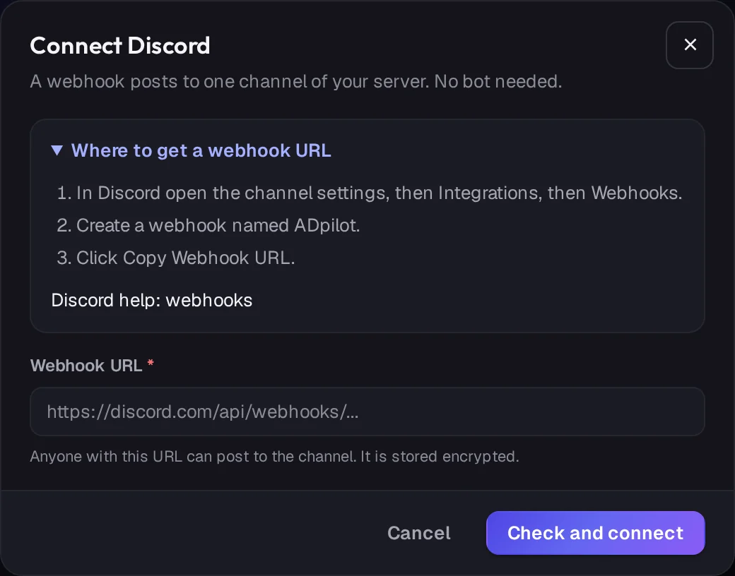 The Connect Discord window in ADpilot with the steps and the fields it asks for