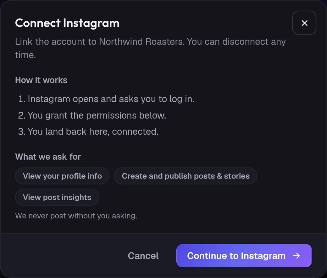 The Connect Instagram window in ADpilot with the steps and the fields it asks for