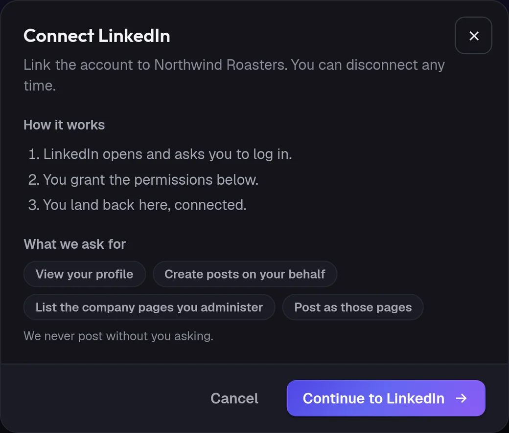 The Connect LinkedIn window in ADpilot with the steps and the fields it asks for