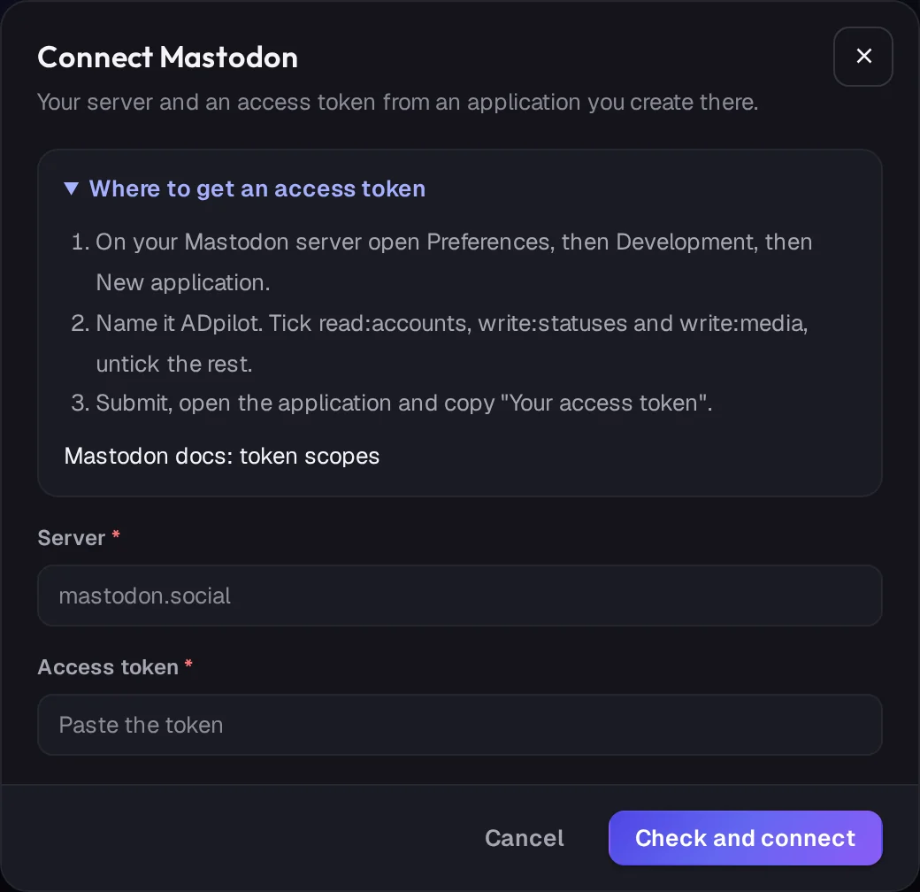 The Connect Mastodon window in ADpilot with the steps and the fields it asks for