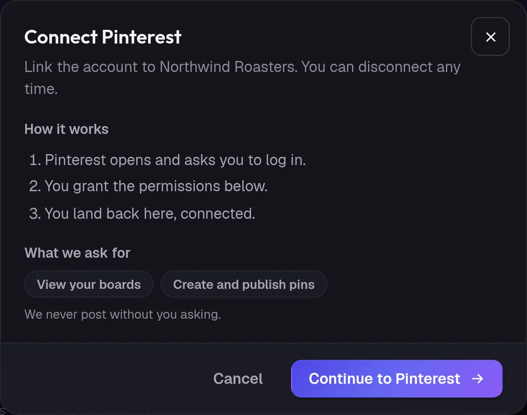 The Connect Pinterest window in ADpilot with the steps and the fields it asks for