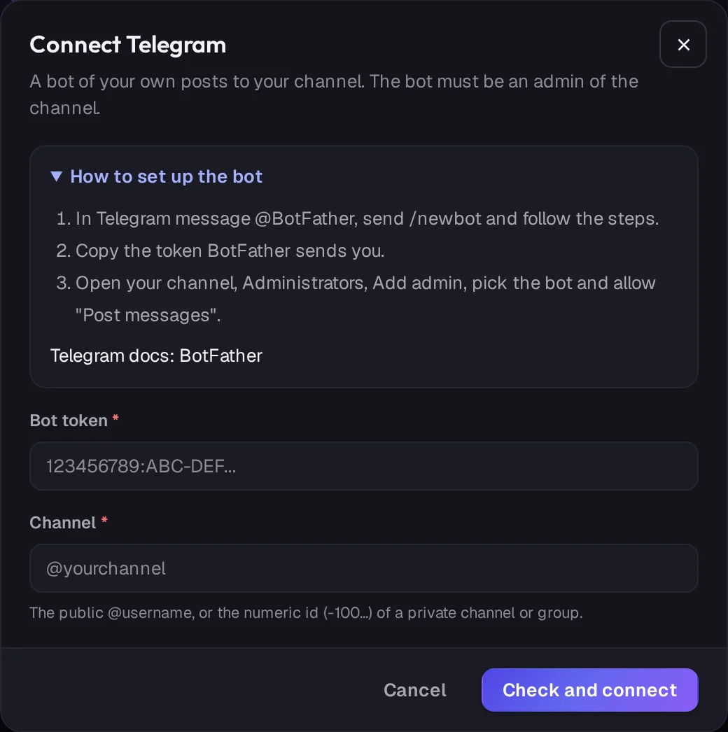 The Connect Telegram window in ADpilot: steps to create a bot with BotFather, then the bot token and channel fields
