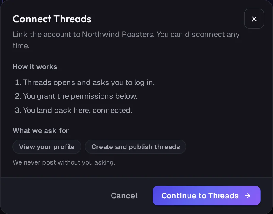 The Connect Threads window in ADpilot with the steps and the fields it asks for