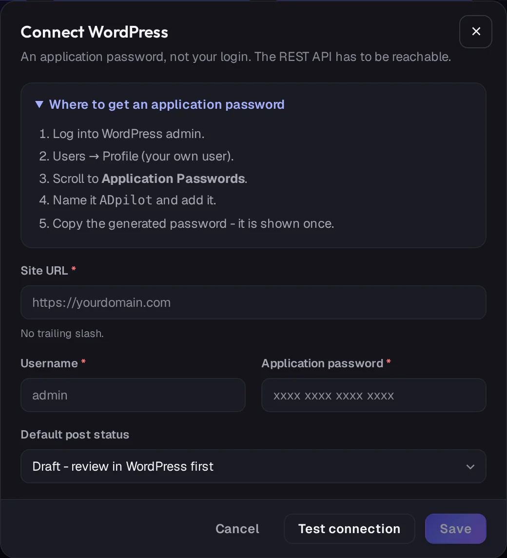 The Connect WordPress window in ADpilot with the steps and the fields it asks for