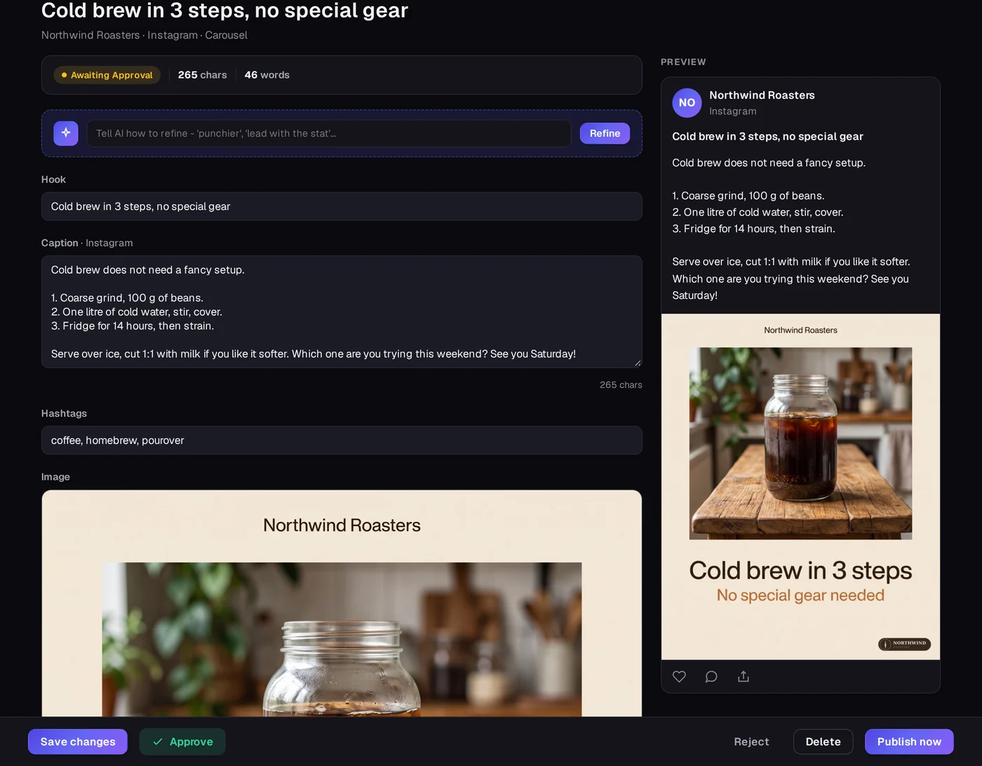 A drafted Instagram carousel in the editor: hook, caption, hashtags and a live preview, awaiting approval
