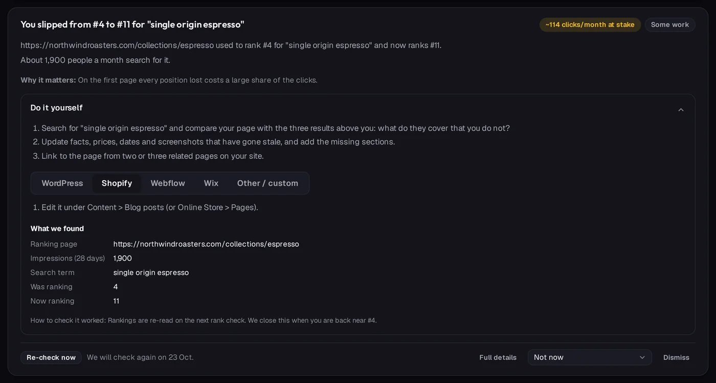 An SEO issue: the page slipped from position 4 to 11 for single origin espresso, with fix steps for Shopify and the evidence