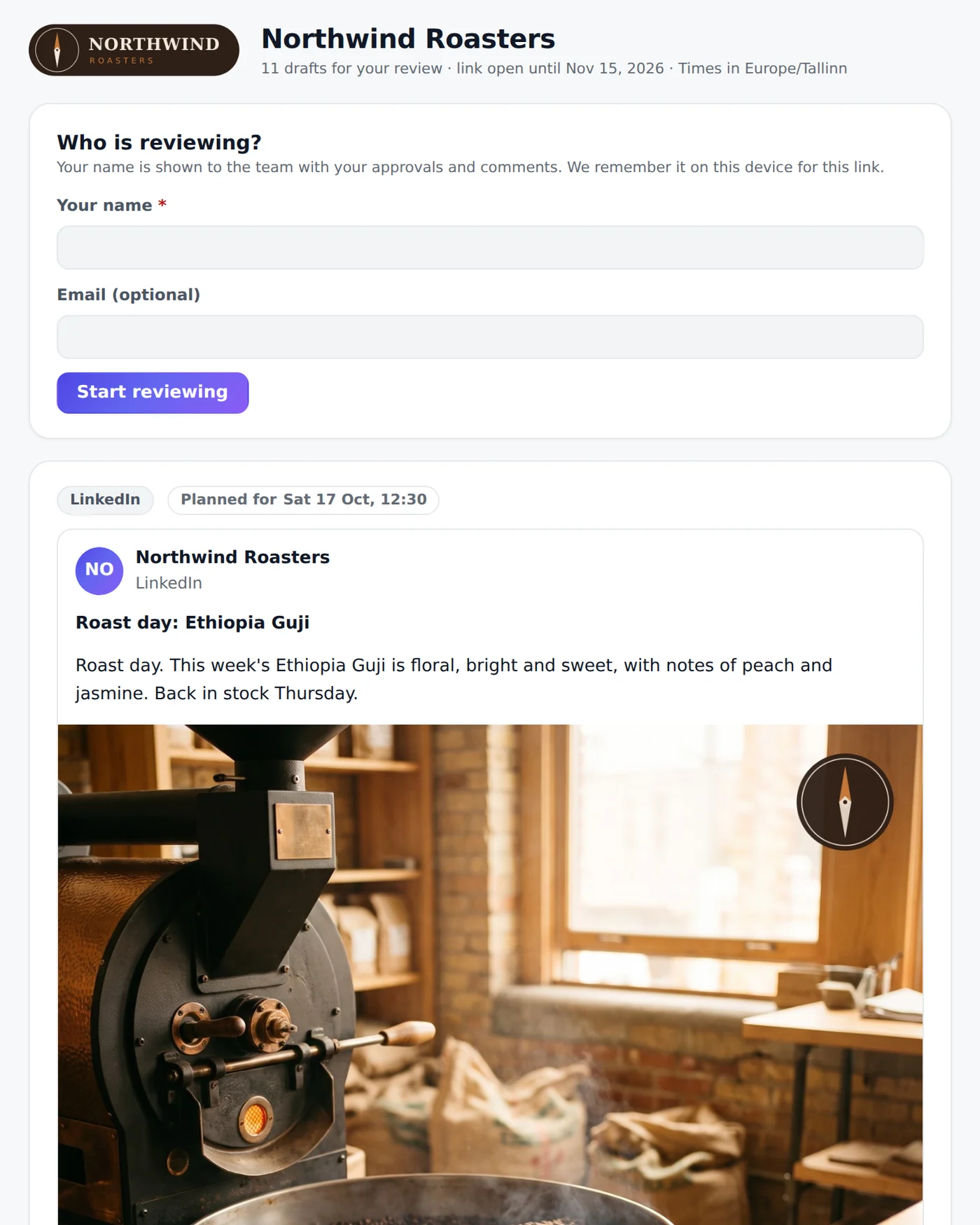 The client review page: the brand logo, a name field and a LinkedIn draft planned for Saturday