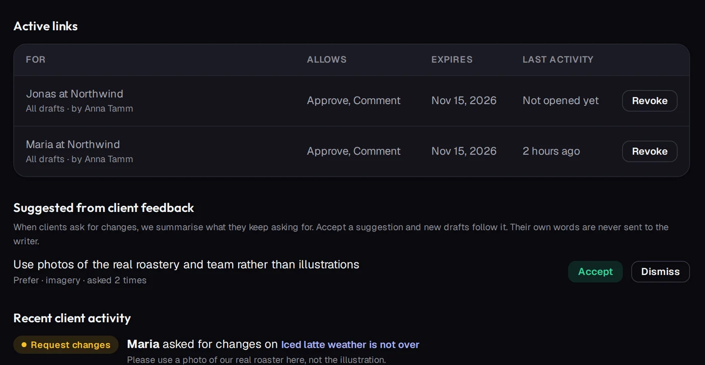 Active review links for two client contacts, a suggested rule from client feedback and the latest client request