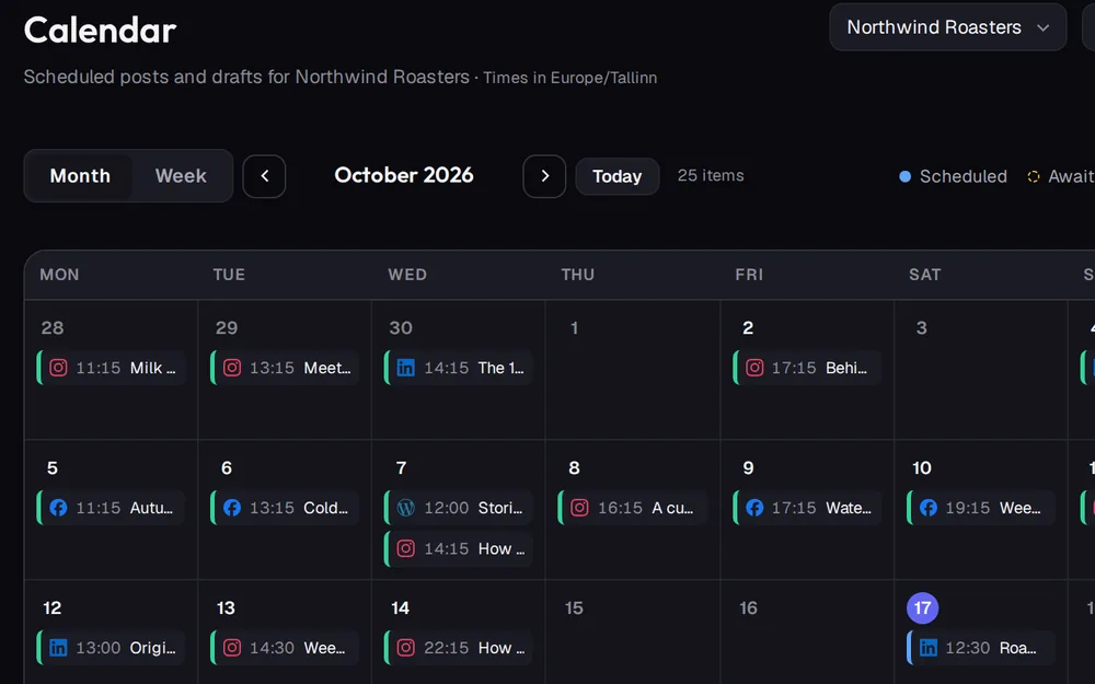 The ADpilot calendar with a month of scheduled posts for a coffee roaster
