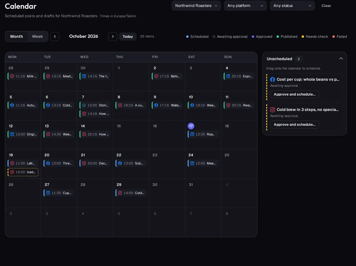 The calendar with scheduled and published posts and drafts waiting
