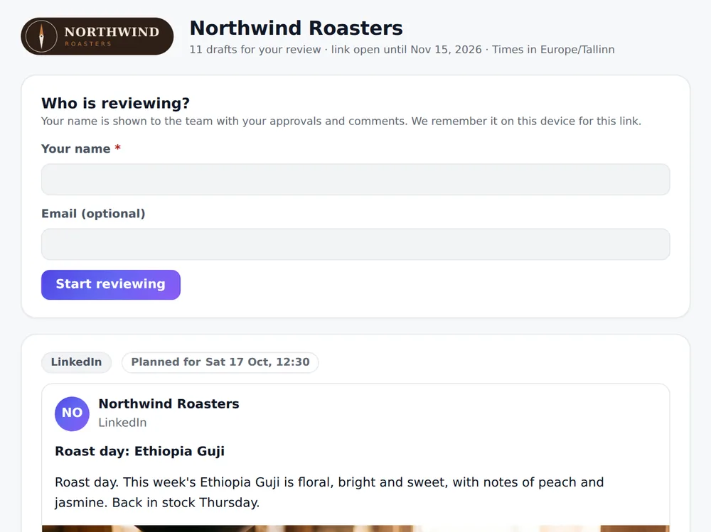 The client review page a client opens from the link: Northwind Roasters drafts with the reviewer's name and a LinkedIn post planned for Saturday