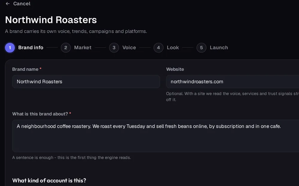The brand setup screen in ADpilot, filled from a coffee roaster's website