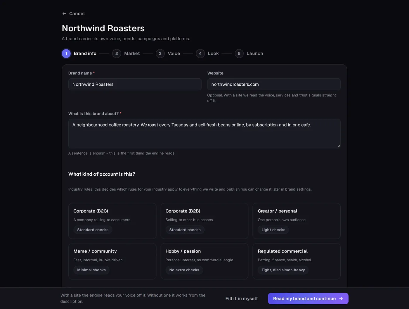 The brand setup screen: name, website and a short description of a coffee roastery