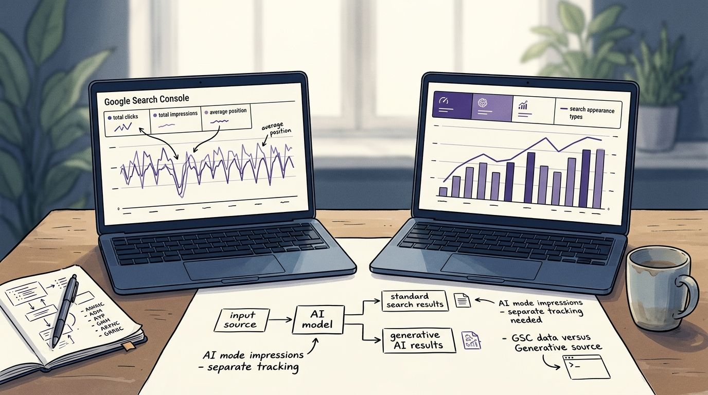 GSC AI Mode metrics compared against Web search totals in Google Search Console