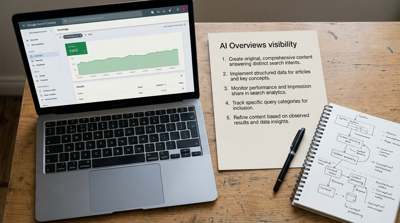 AI Overviews visibility five step checklist next to Search Console indexing report